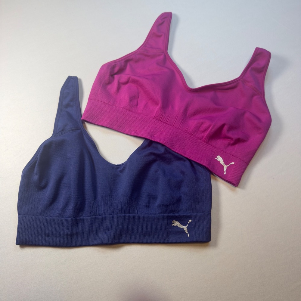 Puma Women Seamless Sports Bra 2-Pack Navy Blue Magenta Pink Adjustable Straps